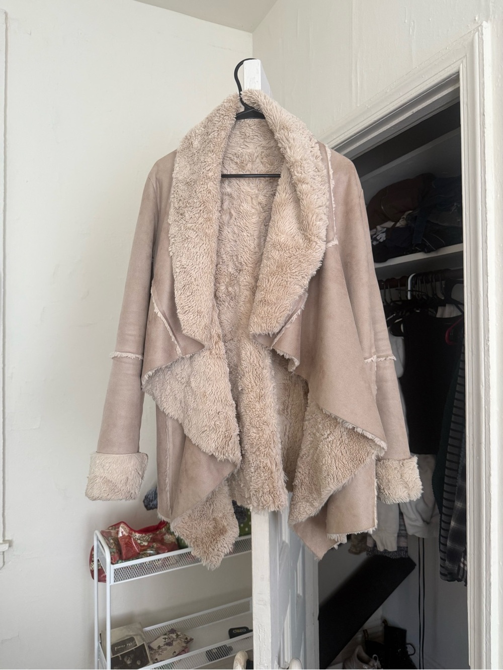 Women's Cream Faux Shearling Open Front Jacket